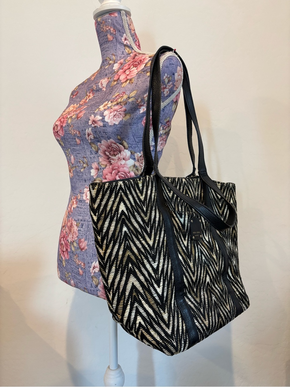 Henri Bendel Black & White Chevron Woven Tote Bag